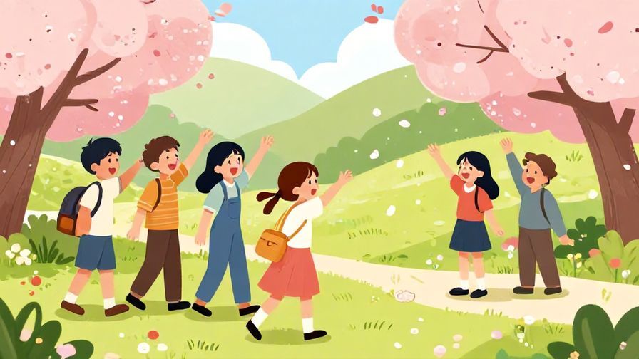 Illustration of a group pointing happily at a friend entering, colorful park with cherry blossoms