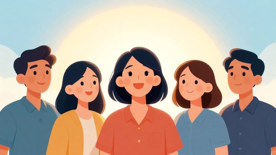 Illustration of a group smiling and looking toward a bright horizon, hopeful and optimistic vibe