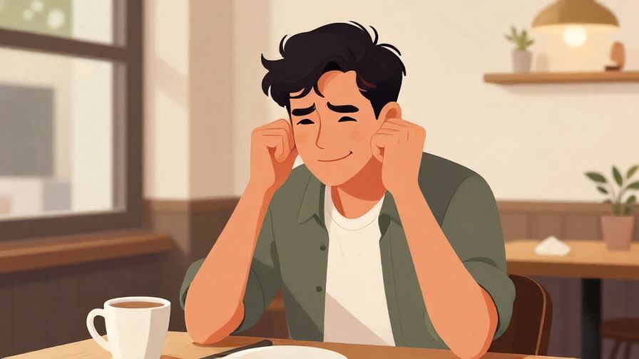Illustration of a guy making a casual, frustrated gesture, smiling half-heartedly, in a café setting