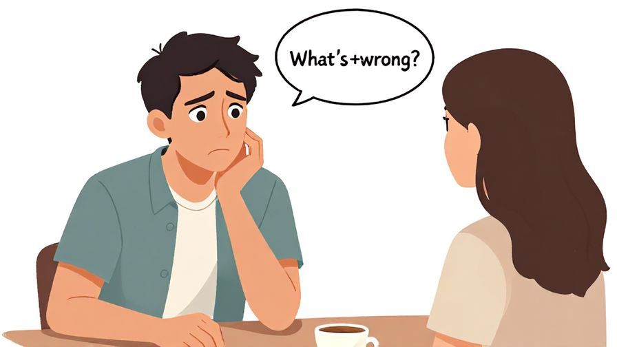 Illustration of a guy with a concerned look asking a close friend “What’s wrong?” in a casual setting