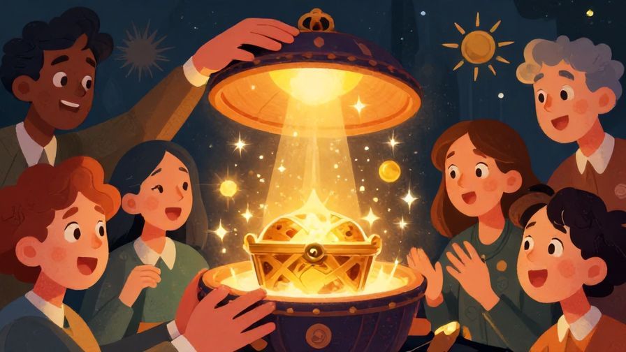 Illustration of a hand lifting a mysterious lid to reveal a shining treasure inside, with surprised joyful expressions, detailed background, vibrant colors, illustrated style