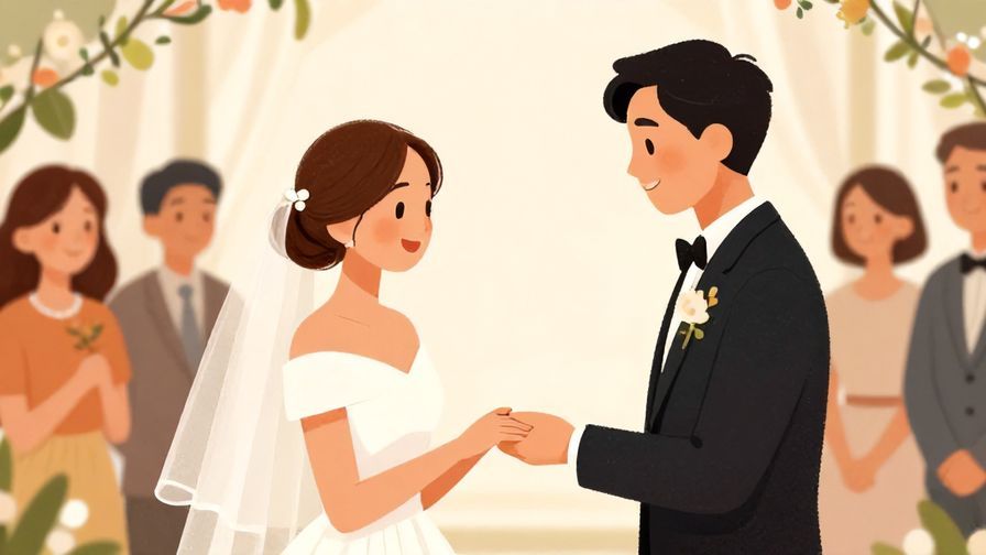 Illustration of a happy couple exchanging rings at a wedding ceremony, guests smiling warmly in the background