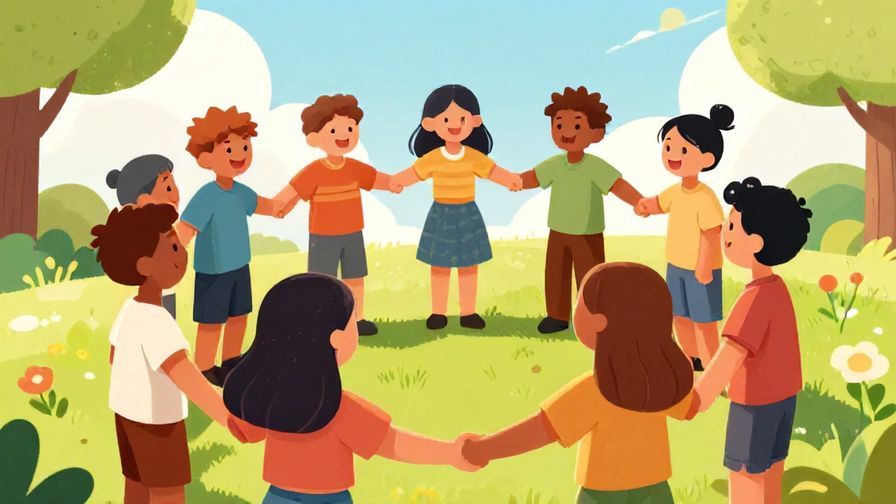 Illustration of a happy group holding hands in a circle outdoors, bright sunny day, cheerful colors