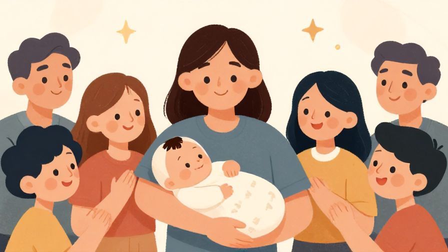 Illustration of a happy new parent holding a swaddled baby with loved ones celebrating around