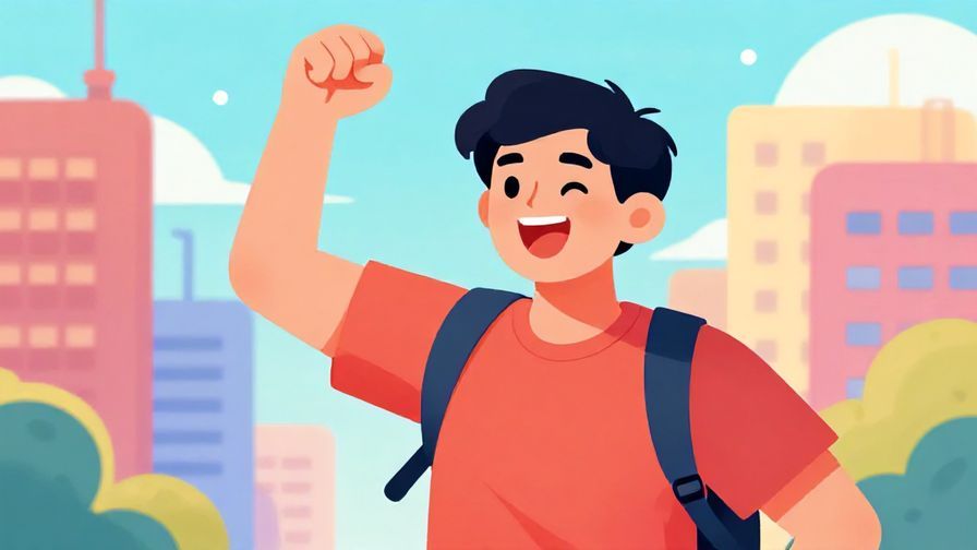 Illustration of a happy person pumping their fist in excitement with a bright cityscape background, vibrant colors, illustrated style