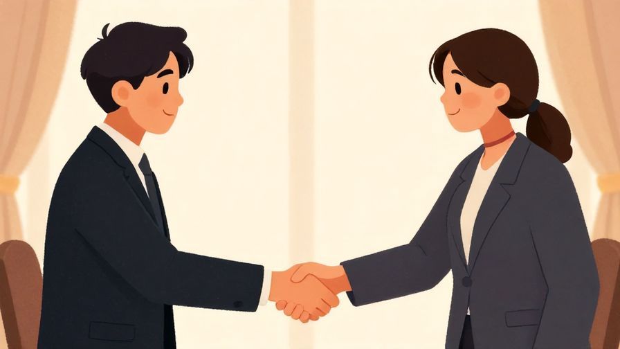Illustration of a heartfelt handshake between two people in a formal setting, warm lighting
