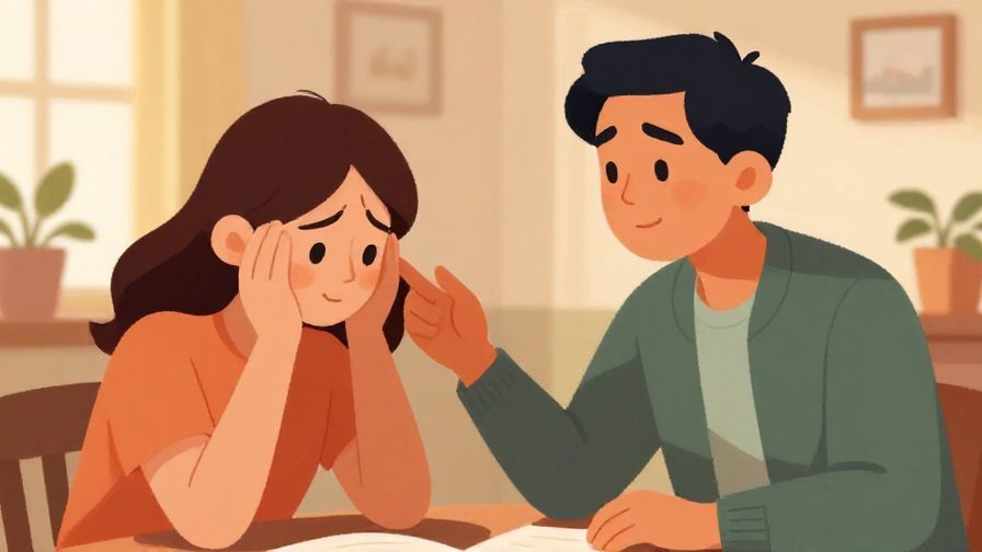 Illustration of a helpful person listening attentively to another who looks troubled, warm room setting