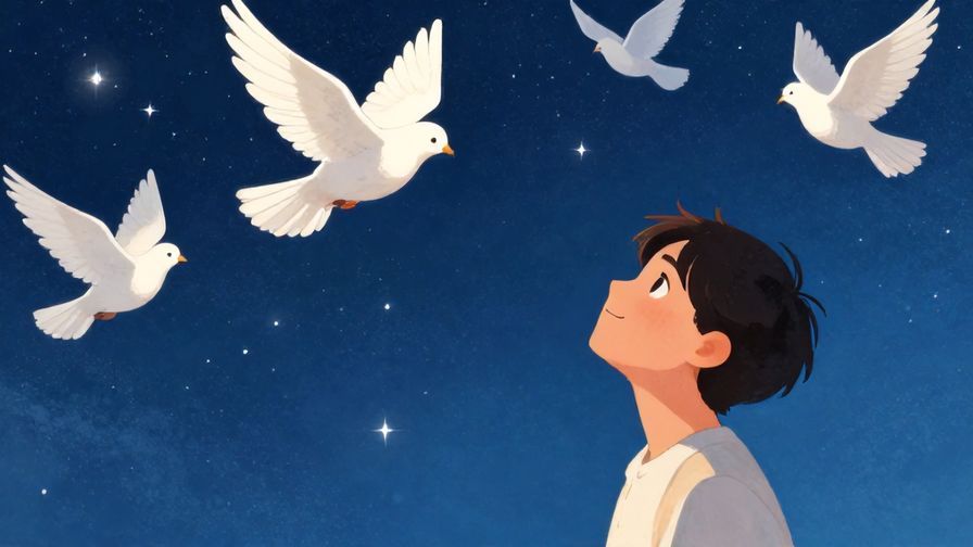 Illustration of a hopeful person looking up at a starry sky with gentle doves flying above, peaceful background, vibrant colors, illustrated style