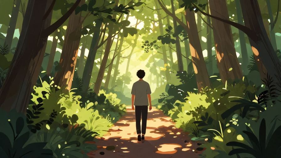 Illustration of a hopeful person walking through a forest path with dappled sunlight, calm and determined