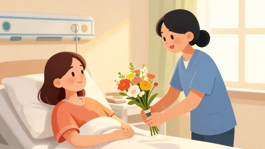 Illustration of a hospital room with a visitor handing flowers to a patient, both smiling softly in warm light