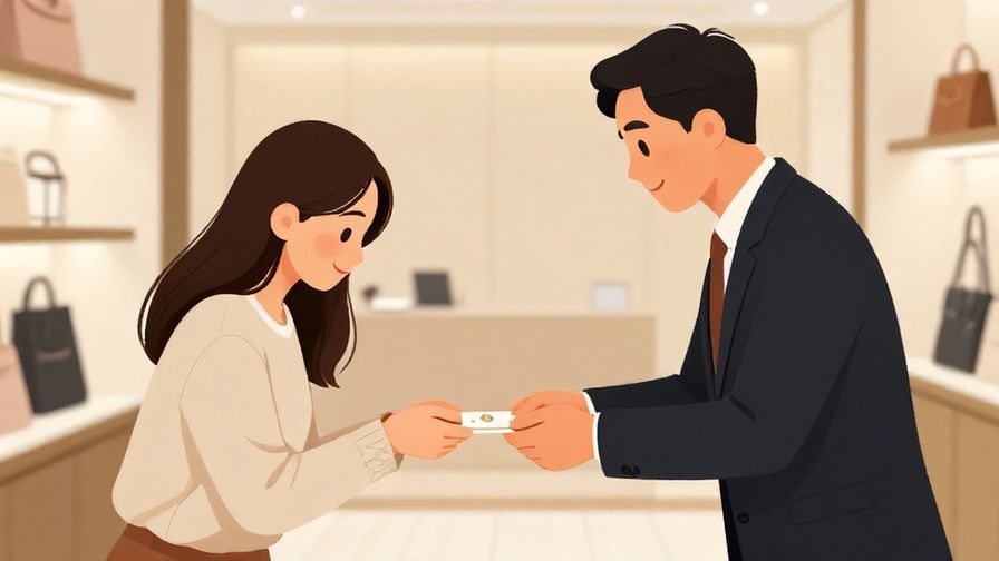 Illustration of a humble customer politely offering a card with a slight bow, detailed background of a high-end store with soft lighting