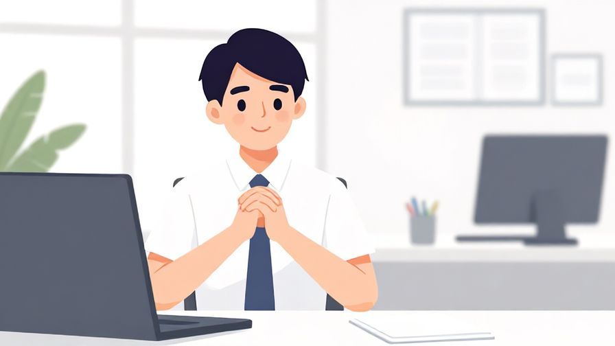 Illustration of a humble office worker with hands clasped, politely requesting time in a clean, bright office