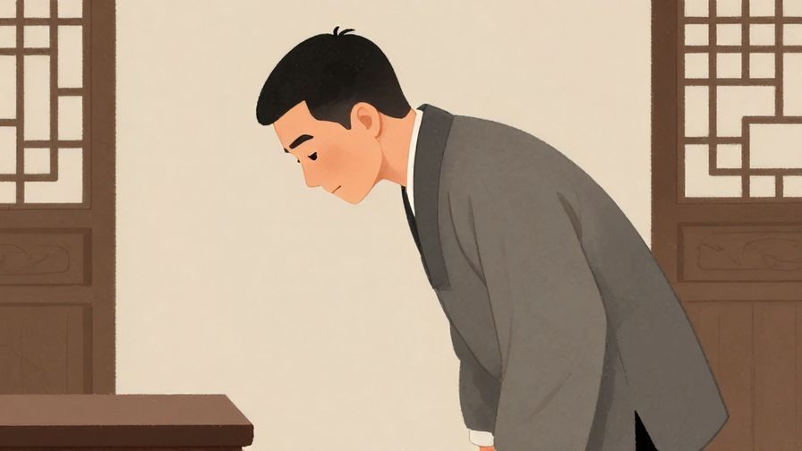 Illustration of a humble person bowing slightly with a serious but peaceful expression, indoor traditional room, illustrated style