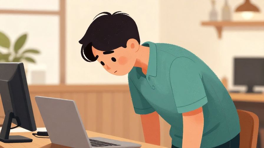 Illustration of a humble person bowing slightly with an apologetic expression, soft office or café background, detailed background, vibrant colors, illustrated style