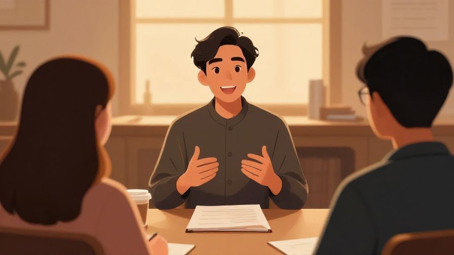 Illustration of a humble person speaking respectfully in a formal setting, with warm lighting and attentive listeners