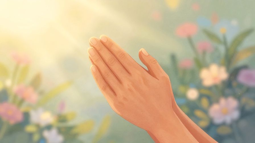 Illustration of a humble person with hands folded, soft floral background and gentle sunlight