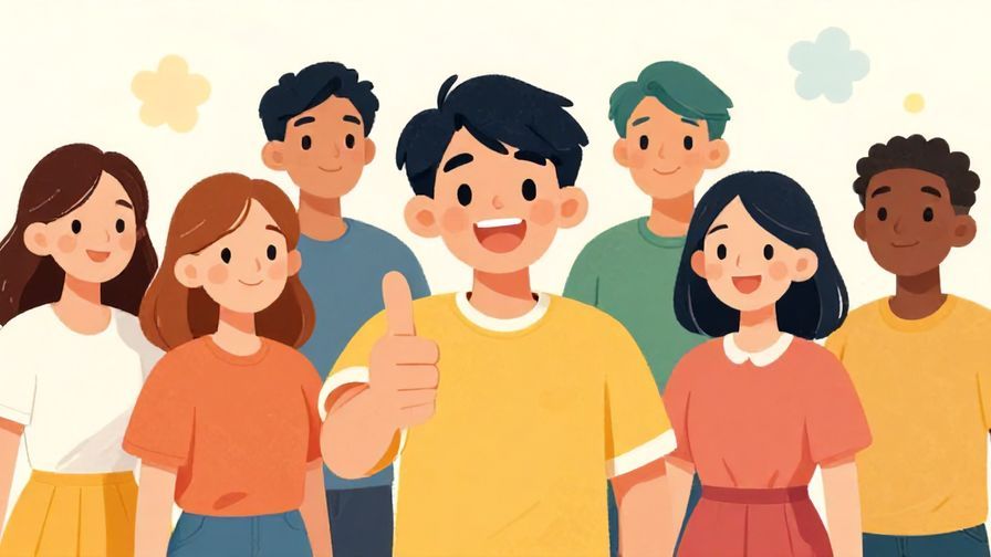 Illustration of a joyful character giving a thumbs-up with friends around, bright colors, illustrated style