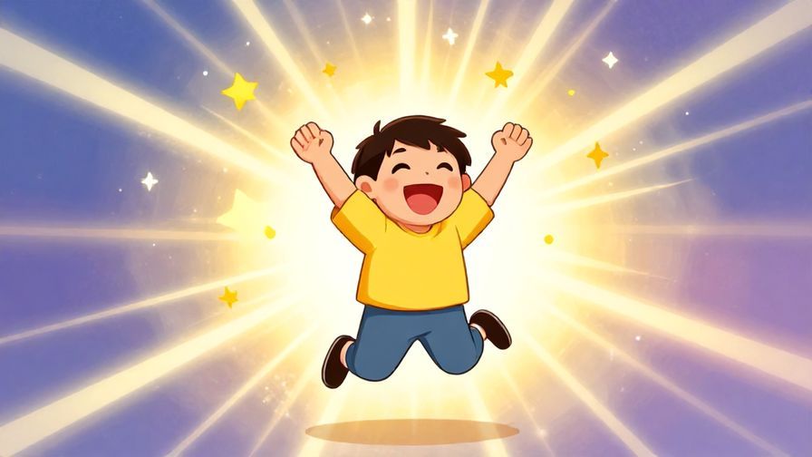 Illustration of a joyful character jumping with arms raised, surrounded by stars and light rays, bright playful colors