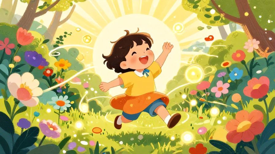 Illustration of a joyful character surrounded by floating light orbs circling around happily in a bright garden, detailed flowers and sun rays in the background, vibrant colors, illustrated style