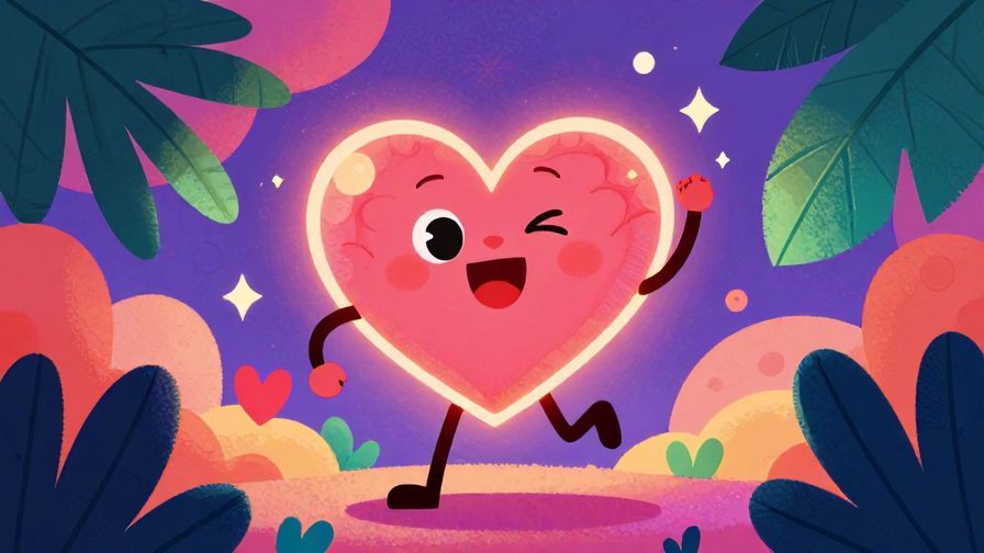 Illustration of a joyful character with a glowing heart that bounces lightly, surrounded by palm leaves and abstract shapes, vibrant colors