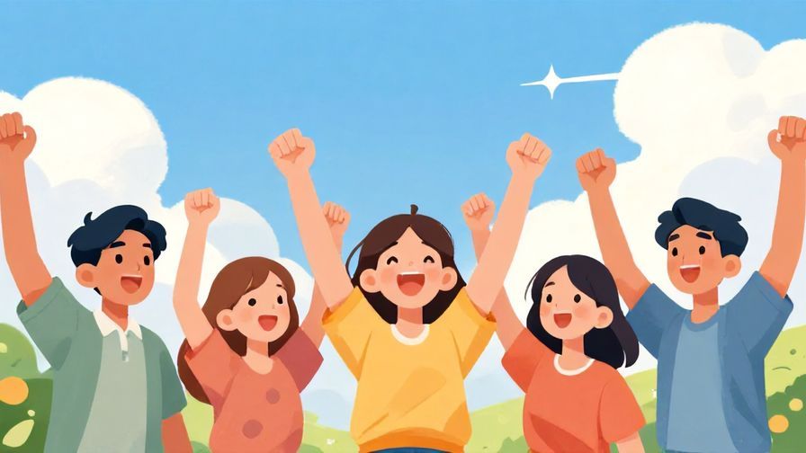 Illustration of a joyful group raising their hands in celebration outdoors under a sunny sky