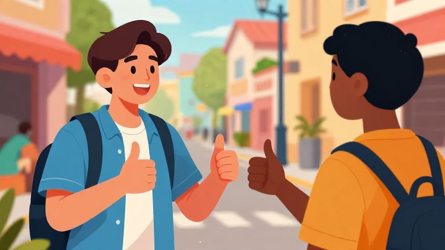 Illustration of a joyful person giving a grateful thumbs-up to a friend, vibrant street background