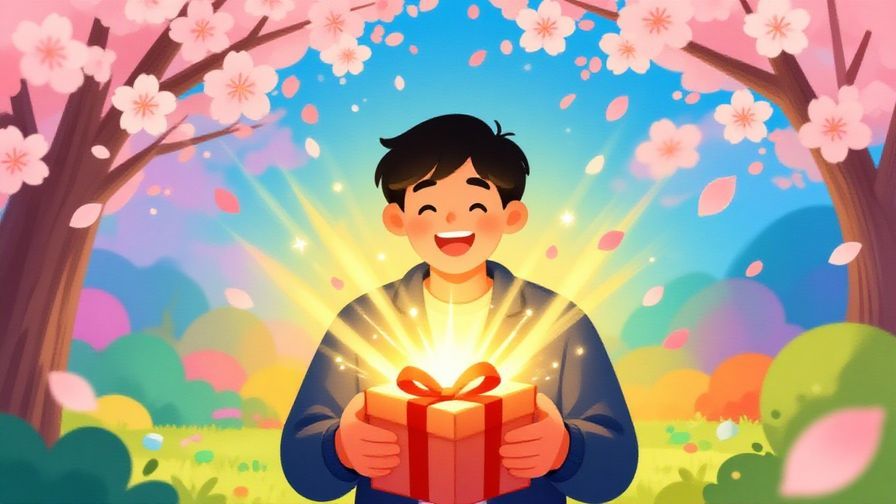 Illustration of a joyful person holding an opened gift box with sparkling light coming out, symbolizing a dream fulfilled, bright and colorful background with cherry blossom petals floating