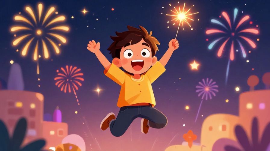 Illustration of a joyful person jumping in surprise with wide eyes, colorful fireworks in the background, lively and festive atmosphere