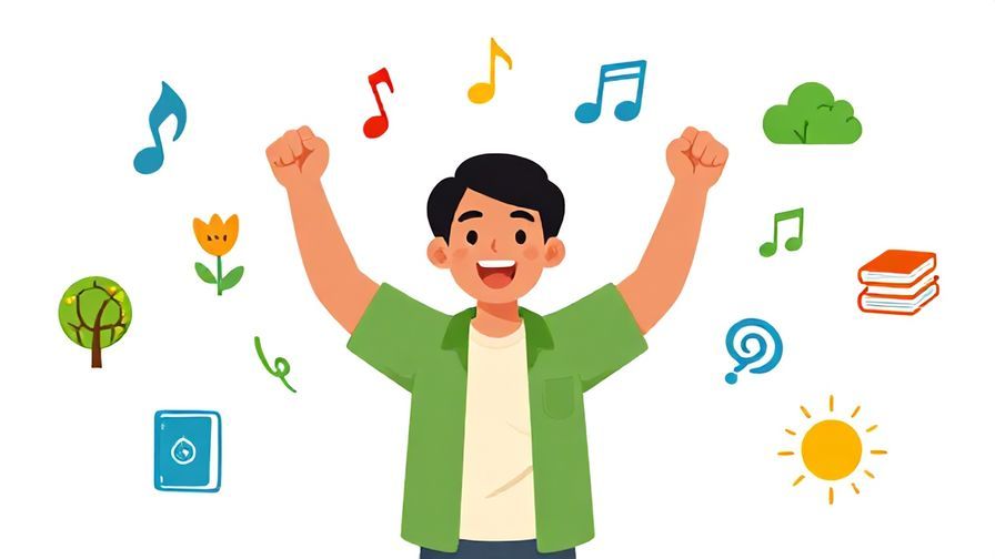 Illustration of a joyful person surrounded by colorful life symbols like music notes, books, and nature