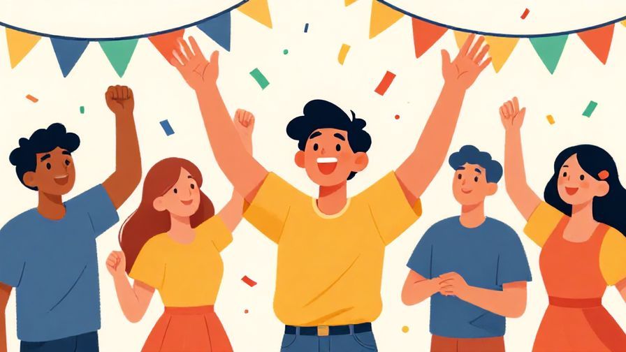 Illustration of a joyful person throwing confetti with a festive party background, vibrant colors, illustrated style