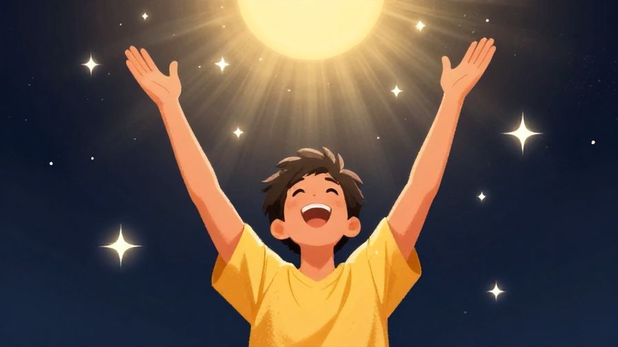 Illustration of a joyful person throwing their arms up in celebration, surrounded by sparkling stars and bright sun rays