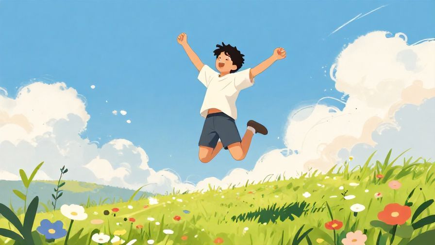 Illustration of a joyful young person jumping with arms wide open in a sunlit field with flowers