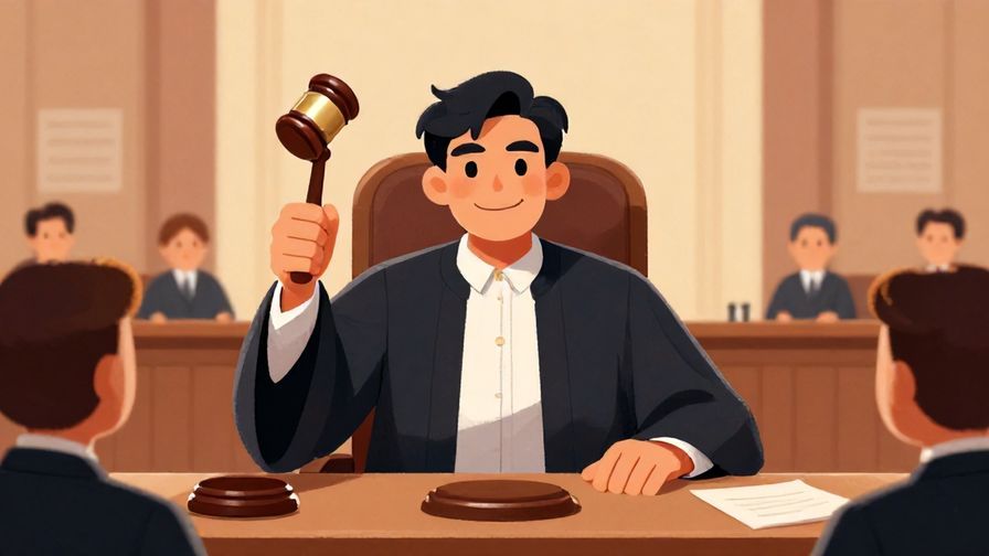 Illustration of a judge banging a gavel decisively in a courtroom, dignified atmosphere, detailed background, vibrant colors, illustrated style