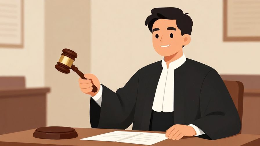 Illustration of a judge banging a gavel with a confident smile, formal courtroom atmosphere