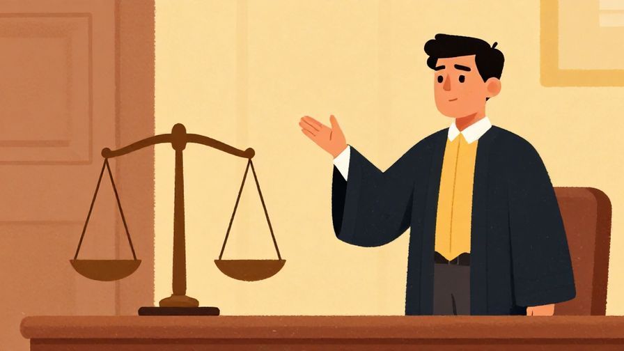 Illustration of a judge delivering a verdict with a balanced scale nearby, courtroom setting, serious and formal tone, vibrant colors, illustrated style