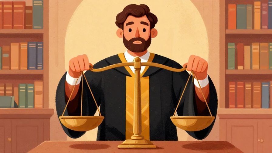 Illustration of a judge-like figure calmly balancing scales, symbolizing fairness and honesty, detailed background, vibrant colors, illustrated style