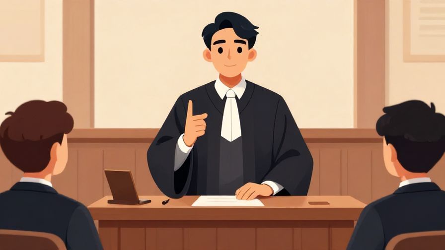 Illustration of a judge or authority figure confidently making a statement in a courtroom-like setting