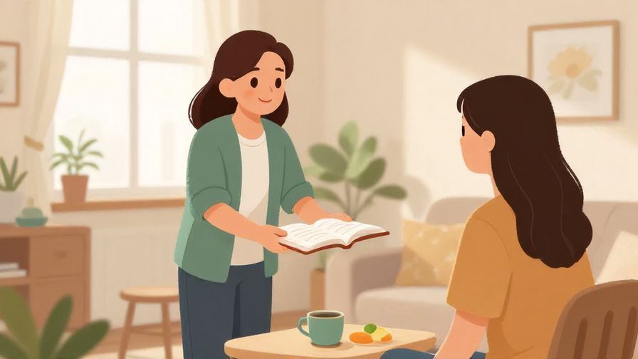 Illustration of a kind person offering help to another, bright, friendly home environment