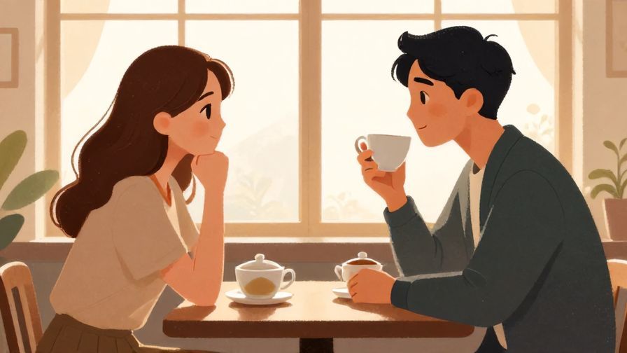 Illustration of a kind person speaking gently to another in a tea room with soft light filtering through paper windows