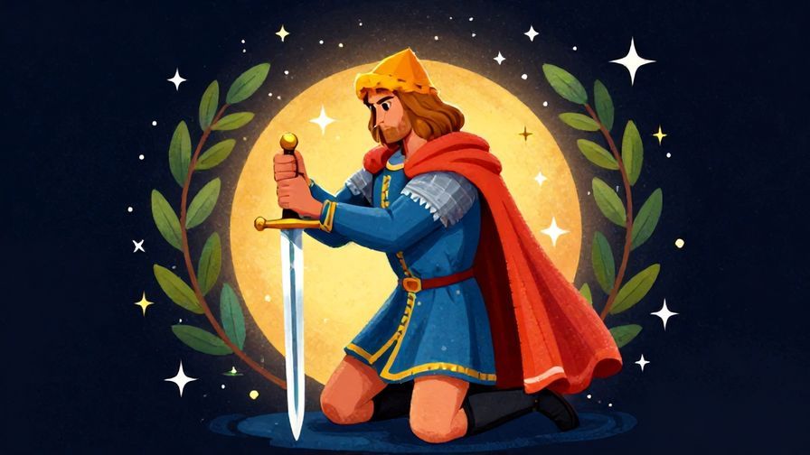 Illustration of a knight-like figure kneeling with a sword raised, surrounded by stars and olive branches, vibrant colors, illustrated style