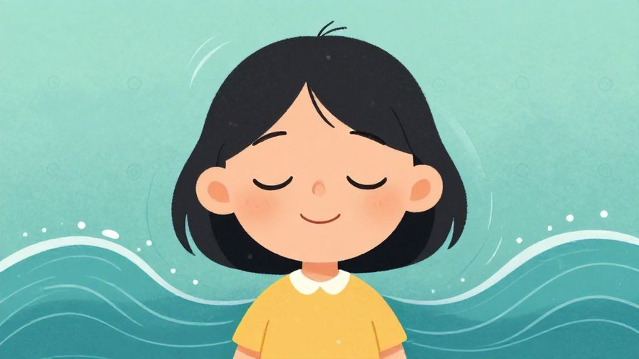 Illustration of a laid-back character smiling with closed eyes, surrounded by gentle waves and soft dots, calm colors