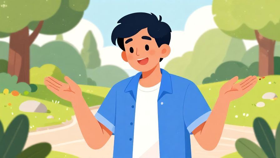 Illustration of a laid-back person shrugging and smiling, mid-conversation, park background, vibrant colors