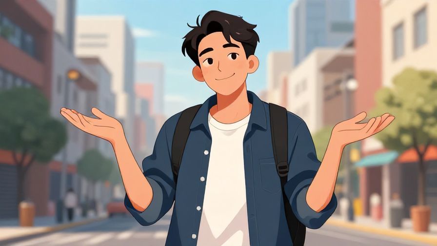 Illustration of a laid-back young person shrugging slightly with a confident smile, casual streetwear, bright city backdrop