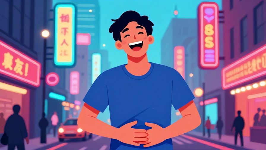Illustration of a laughing person holding their stomach, bright, colorful urban street scene with neon signs glowing