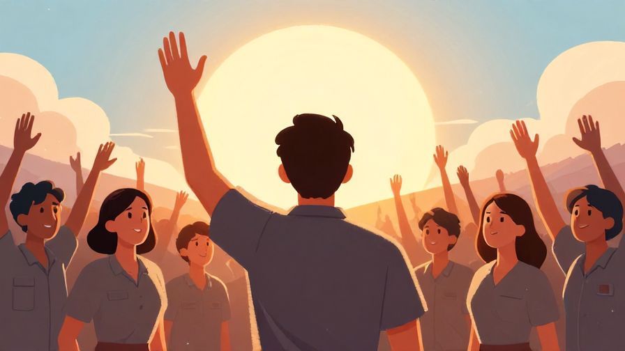 Illustration of a leader rallying troops, determined expressions, warm sunrise light symbolizing hope