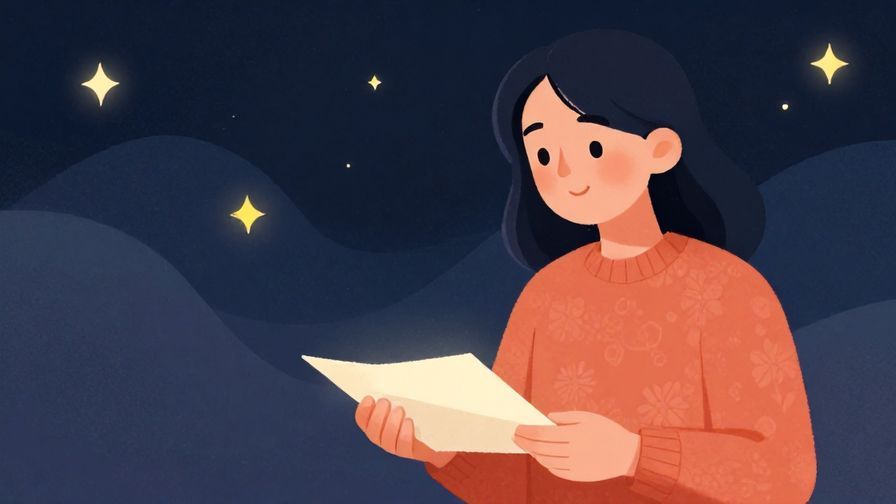 Illustration of a letter being handed over with a warm expression, background with stars and soft waves
