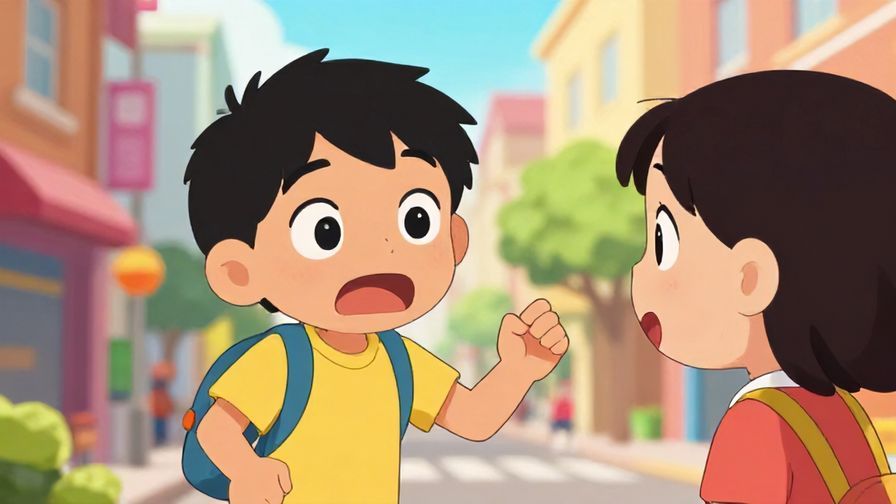 Illustration of a lively, animated character with an exaggerated expression gently scolding a friend, bright urban street background, colorful and fun, illustrated style