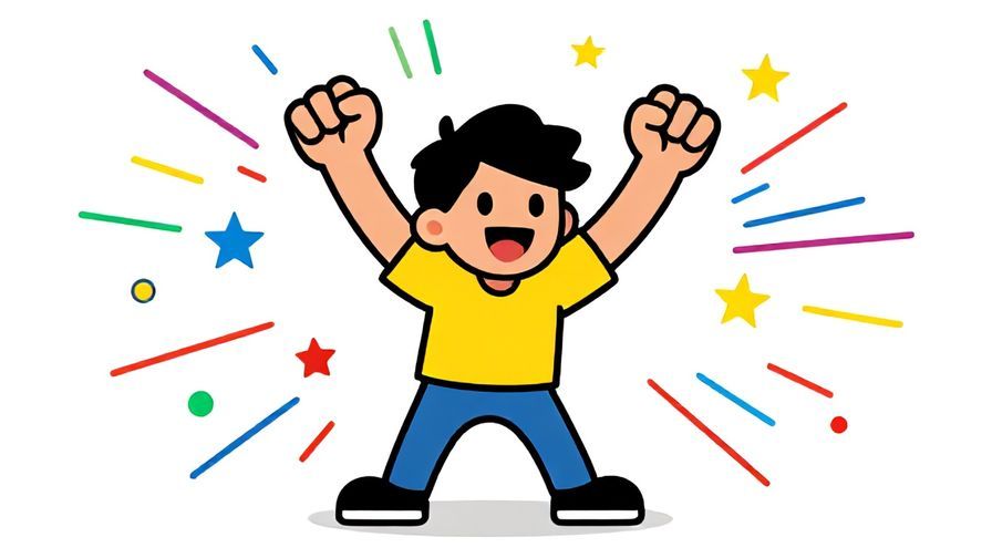 Illustration of a lively character pumping their fists energetically, surrounded by dynamic lines and stars, vibrant playful colors