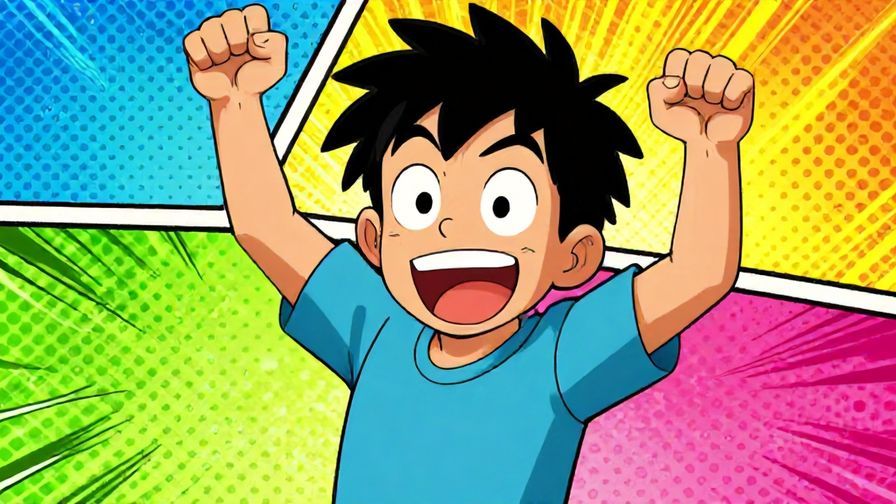 Illustration of a lively character with exaggerated expression and energetic pose, colorful comic-style background