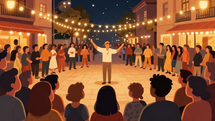 Illustration of a lively crowd looking attentively at a street performance, warm evening lights, festive atmosphere